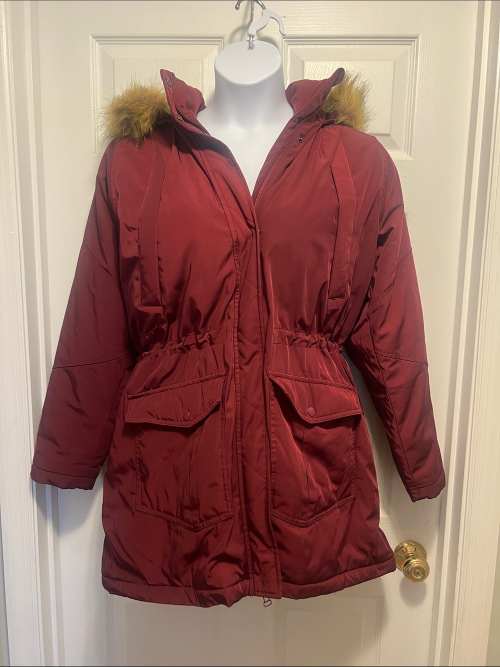 a new day Burgundy Hooded Puffer Coat with Faux-Fur Trim